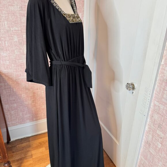 American Glamour Badgley Mischka Black Knit Maxi Evening Gold Beaded Dress sz L - Picture 5 of 9